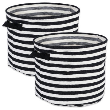 Herringbone Woven Cotton Laundry Bin Stripe Black Round Medium, Set of 2