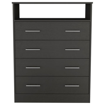 Lagos 4 Drawer Dresser with Open Shelf and Metal Handles, Black