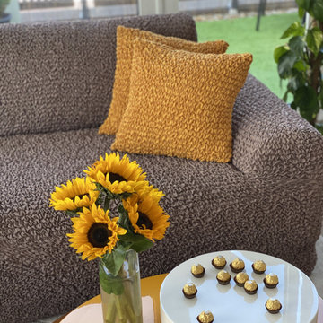 Cappuccino Sofa & Mango Pillows Slipcovers | Mamma Mia Covers