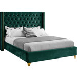 Meridian Furniture - Barolo Velvet Upholstered Bed, Green, King - Elegant and eye-catching, the stunning Barolo Bed from Meridian Furniture is the perfect addition to any bedroom. Rich velvet covers the deep tufted design. A beautiful wing bed design is complimented by hand applied gold nail head details. Strength and beauty is guaranteed with a solid wood frame and stainless steel legs.
