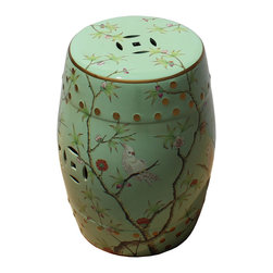 Light Pastel Green Porcelain Flower Birds Round Stool Ottoman - Side Tables And End Tables