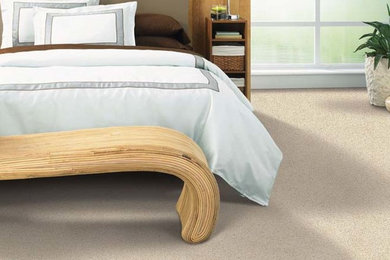 Inspiration for a mid-sized transitional guest carpeted bedroom remodel in Other with beige walls and no fireplace