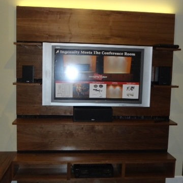 Media and entertainment center with lighting and extra shelves