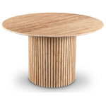 Meridian Furniture - Genoa Marble Dining Table, Beige - Add a refined look to your room with this handcrafted beige Genoa dining table, a stunning masterpiece that marries elegance and practicality. Crafted from genuine Travertine, each table is a unique work of art, featuring a beige Travertine top with intricate white veining. The fluted Travertine base adds a touch of art deco design, making it a statement piece in any room and adding to its heirloom-quality design.