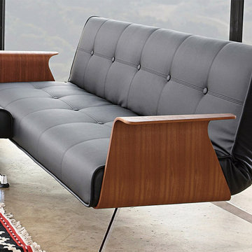 Innovation USA | Clubber 03 Black Leather Textile Sofa | Walnut Arms -$1495.45