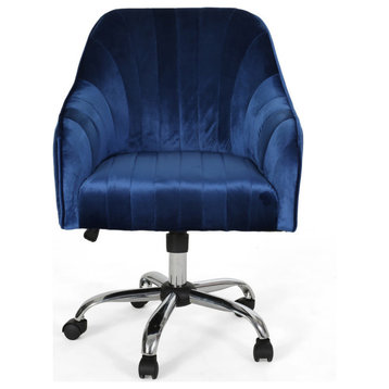 Cassandra Velvet Home Office Chair With Swivel Base, Navy Blue, Silver Finish
