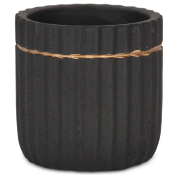 Gold Trimmed Ridged Ceramic Pot - Black