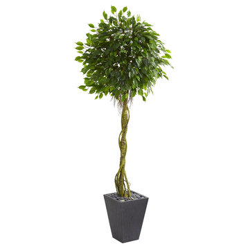 6' Ficus Artificial Tree, Slate Planter UV Resistant, Indoor/Outdoor