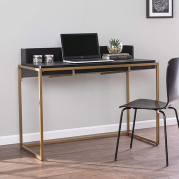 Unique Desk, Gold Finish Metal Frame and 2 Flip Top Storage Compartments, Black