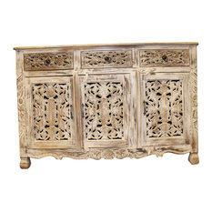 Mogul Interior - Consigned Vintage Rustic Whitewashed Floral Hand Carved Bohemia Sideboard Buffet - Buffets and Sideboards