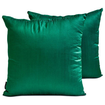 Art Silk Plain, Set of 2, 16"x16" Throw Pillow Cover - Dark Green Luxury