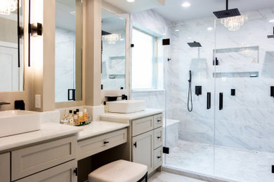 Bathroom - large modern master gray tile and ceramic tile ceramic tile, gray floor and double-sink bathroom idea in Houston with shaker cabinets, gray cabinets, a one-piece toilet, white walls, a vessel sink, quartz countertops, a hinged shower door, white countertops and a freestanding vanity