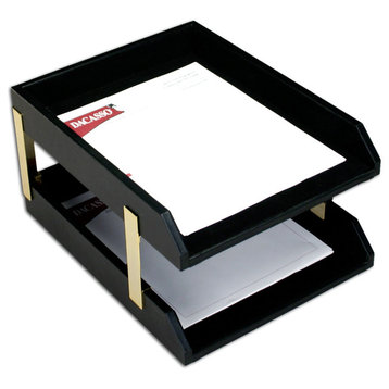 A1020 Classic Black Leather Front Load Letter Trays With Gold Stacking Posts