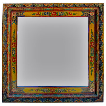 Chinese Tibetan Color Carving Wood Frame Square Mirror Hcs5837