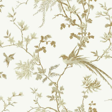 KT2174 Bird And Blossom Chinoserie Gold Off White Botanical Non Woven Wallpaper