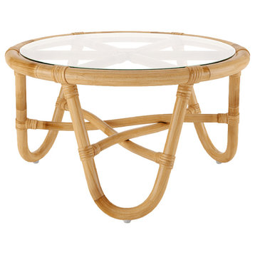 Round Coffee Table with Glass, 27.5" Diameter, Natural Rattan Boho Table