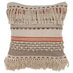 LR Home - Fringed Boho Chic Cotton Throw Pillow, 18" x 18" - Designed to thrill, our pillow collection will add intricate mastery and eye pleasing designs to any room. Now is the time to merge different styles and add this diverse piece to your collection. Easily coordinated with a variety of colors and textures, this pillow has endless design opportunities. This handmade piece features stripes in varying textures in hues of natural beige, orange, and gray complimented by playful fringe. A covered zipper on the side allows for easy removal of the insert for cleaning.