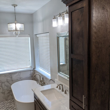 Marble and espresso bathroom