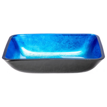 Rectangular Royal Blue Foil with Black Exterior Glass Vessel Sink, 18 X 13 Inch