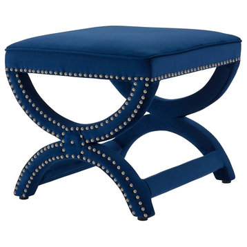 Modern Living Accent Chair and Ottoman, Velvet Fabric Nail Rivet, Navy Blue