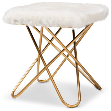 Sameeha Glam and Luxe White Faux Fur Upholstered Gold Metal Ottoman
