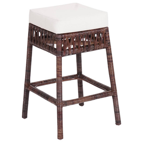 25.5"Bohemian Basics Rattan Backless CounterStool,White Cushion,Dark Brown Frame