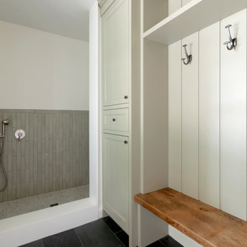 Mudroom Dog Wash & Custom Lockers | Green Tile, Live Edge Bench — Erin, ON