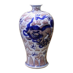 Chinese Red Blue White Porcelain Handpainted Foo Dog Small Vase - Vases