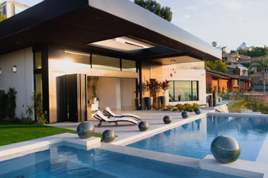 Ispirazione per una grande piscina a sfioro infinito contemporanea rettangolare davanti casa con una vasca idromassaggio