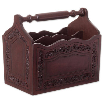 Novica Handmade Colonial Reader Leather And Wood Magazine Holder