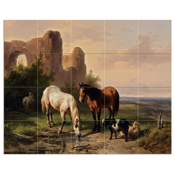 Tile Mural WATERING HORSES NEAR A RUIN animals Backsplash Four Inch Marble