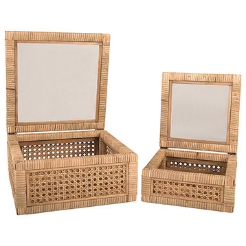 Olive Grove Woven Rattan Display Boxes, Glass Top, Square - Natural