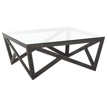 Transitional Coffee Table, Geometric Wood Base With Glass Top, Dark Grey & Clear