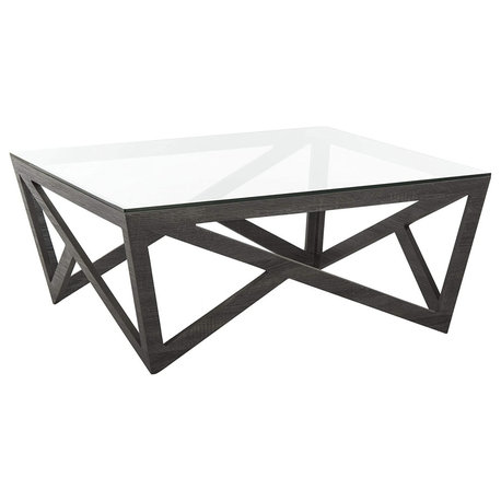 Dark Grey Coffee Table with Glass Top and Sculpted Geometric Wood Base