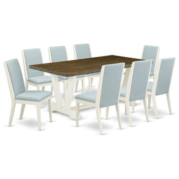 East West Furniture V-Style 9-piece Wood Dining Set in Baby Blue/Jacobean Brown