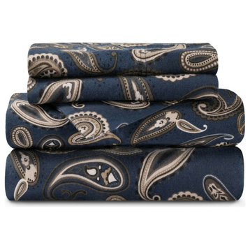 Flannel Cotton Paisley Pillowcases Bed Sheet Set, Navy Blue Paisley, Queen