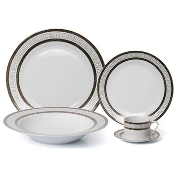 Royalty Porcelain "Black Greek Key" 57-pc Dinnerware Set for 8 Porcelain