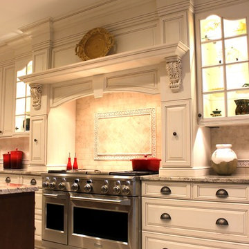 Traditional Mediterranean Off White & Brown Kitchen with custom wood hood