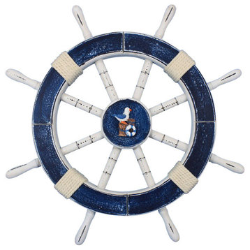 Rustic Decorative Ship Wheel With Seagull and Lifering, Dark Blue, 18"