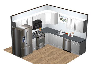 Eat-in kitchen - mid-sized modern l-shaped eat-in kitchen idea in Other with shaker cabinets, white cabinets, quartz countertops, white backsplash, quartz backsplash and white countertops