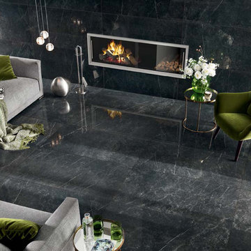 Modern living room with black marble look porcelain tile