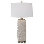 Uttermost - Uttermost Zade Warm Gray Table Lamp - This Ceramic Table Lamp Features A Geometric Patterned Design That's Finished In A Light Warm Gray Crackled Glaze, Accented With Plated Antique Brass Details. The Tapered Drum Shade Is A White Linen Fabric With Natural Slubbing. Due To The Nature Of Fired Glazes On Ceramic Lamps, Finishes Will Vary Slightly. Uttermost's Lamps Combine Premium Quality Materials With Unique High-style Design. With The Advanced Product Engineering And Packaging Reinforcement, Uttermost Maintains Some Of The Lowest Damage Rates In The Industry. Each Product Is Designed, Manufactured And Packaged With Shipping In Mind.