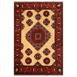 Bareens Designer Rugs - Antique Vintage Kargahi Myriam Beige/Rust Wool Rug - 10'0'' x 12'10'' - Create a new dimension of style in your home with this breath-taking semi-antique hand knotted Kargahi rug featuring incredible luxurious texture and appearance. Featuring vibrant awe-inspiring color pallet with an intricate geometrical design inspired by Uzbek and Kazak style, these one-of-a-kind rugs are a unique piece of world art that will enhance your living space. Made by skilled Uzbek Afghan master weavers in hand-spun wool and all vegetable dyes, Kargahi rugs blend in traditional to modern decor seamlessly.