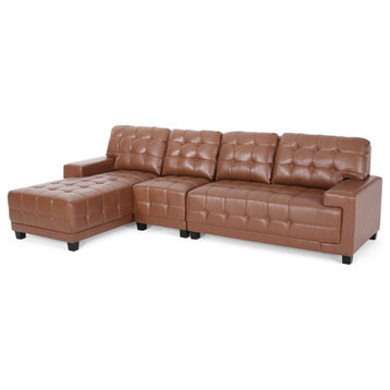 Littell Faux Leather Tufted 4 Seater Sofa, Chaise Sectional Set, Cognac/Brown