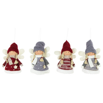 Set of 4 Red and Gray Plush Angel Christmas Ornaments 4.25"