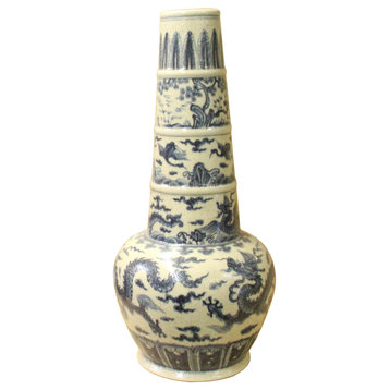 Chinese Oriental Ceramic Cream White Dragon Graphic Vase Hcs4638