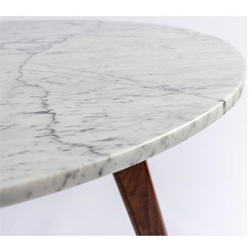 Bianco Collection Avella 31" Marble Dining Table in White with Walnut Legs