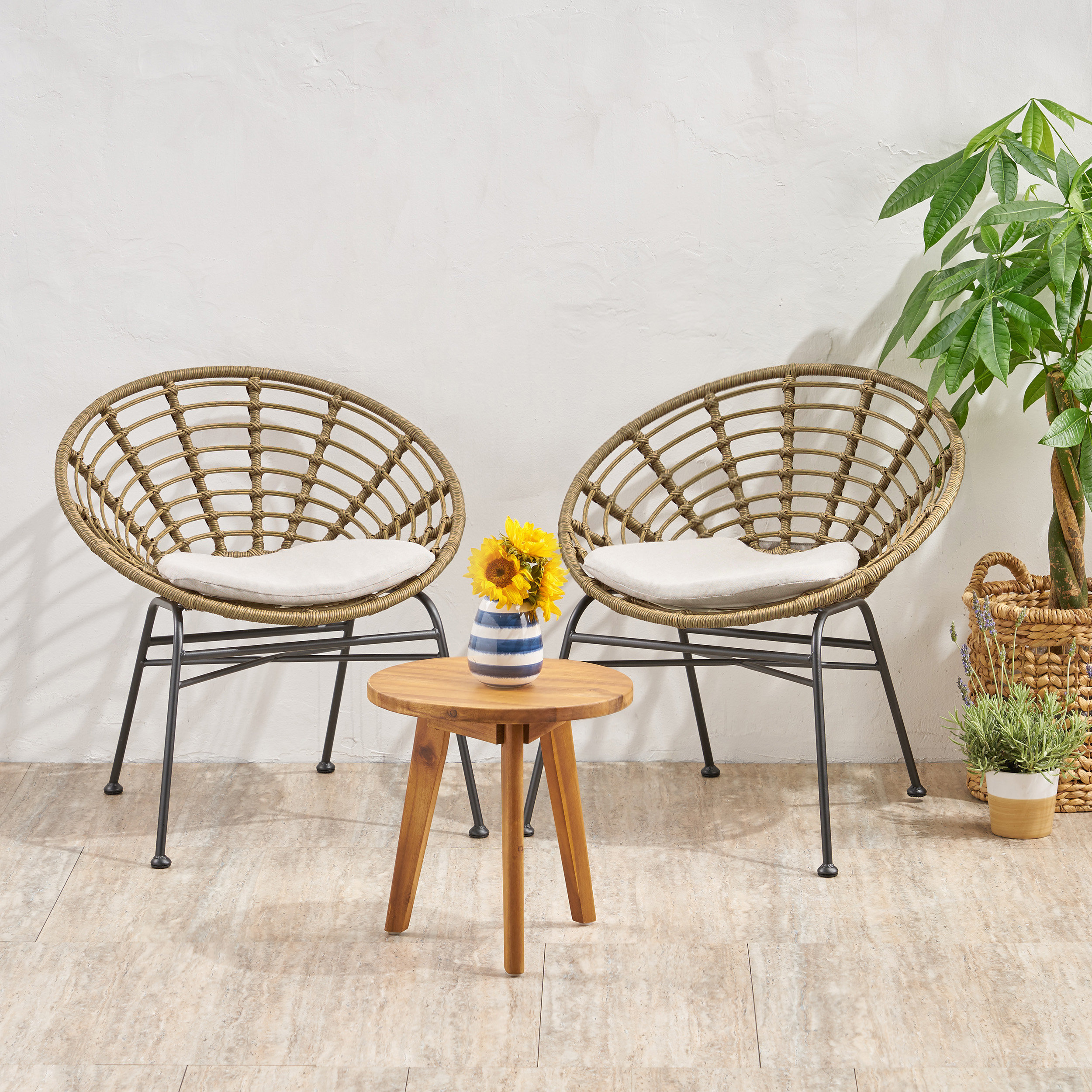 Mignon Outdoor 2 Seater Acacia Wood Chat Set, Light Brown/Beige/Natural Finish