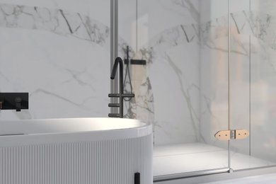 Large minimalist master white tile and marble tile ceramic tile and white floor bathroom photo in Atlanta with white walls and a hinged shower door