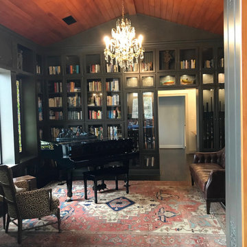 Antique Persian Serapi Rug grounds rustic library space, formerly hunting lodge!